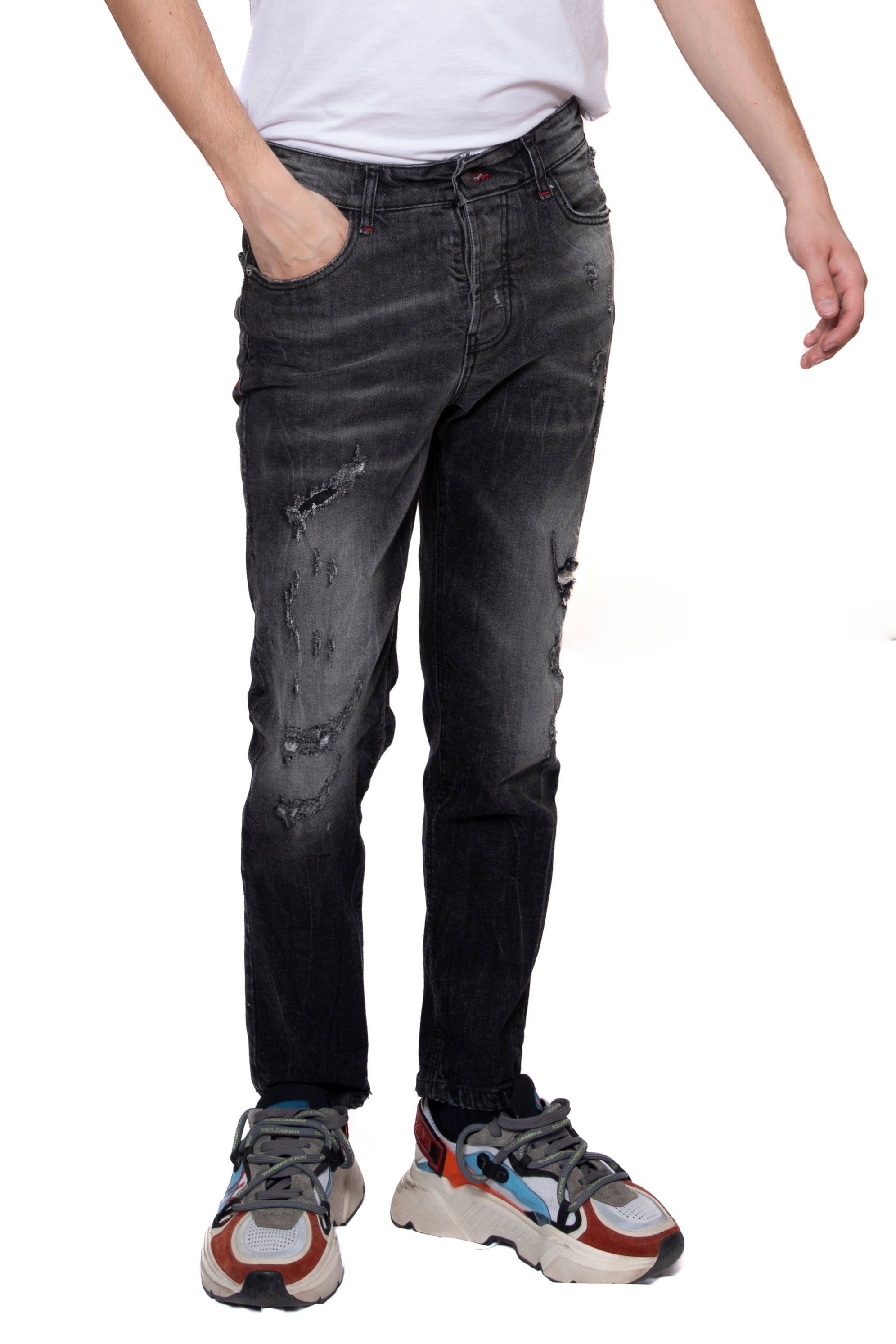 CAVALIERE JEANS NERO LAVAGGIO 5 CON TOPPA STRAPPI + ABRASIONI