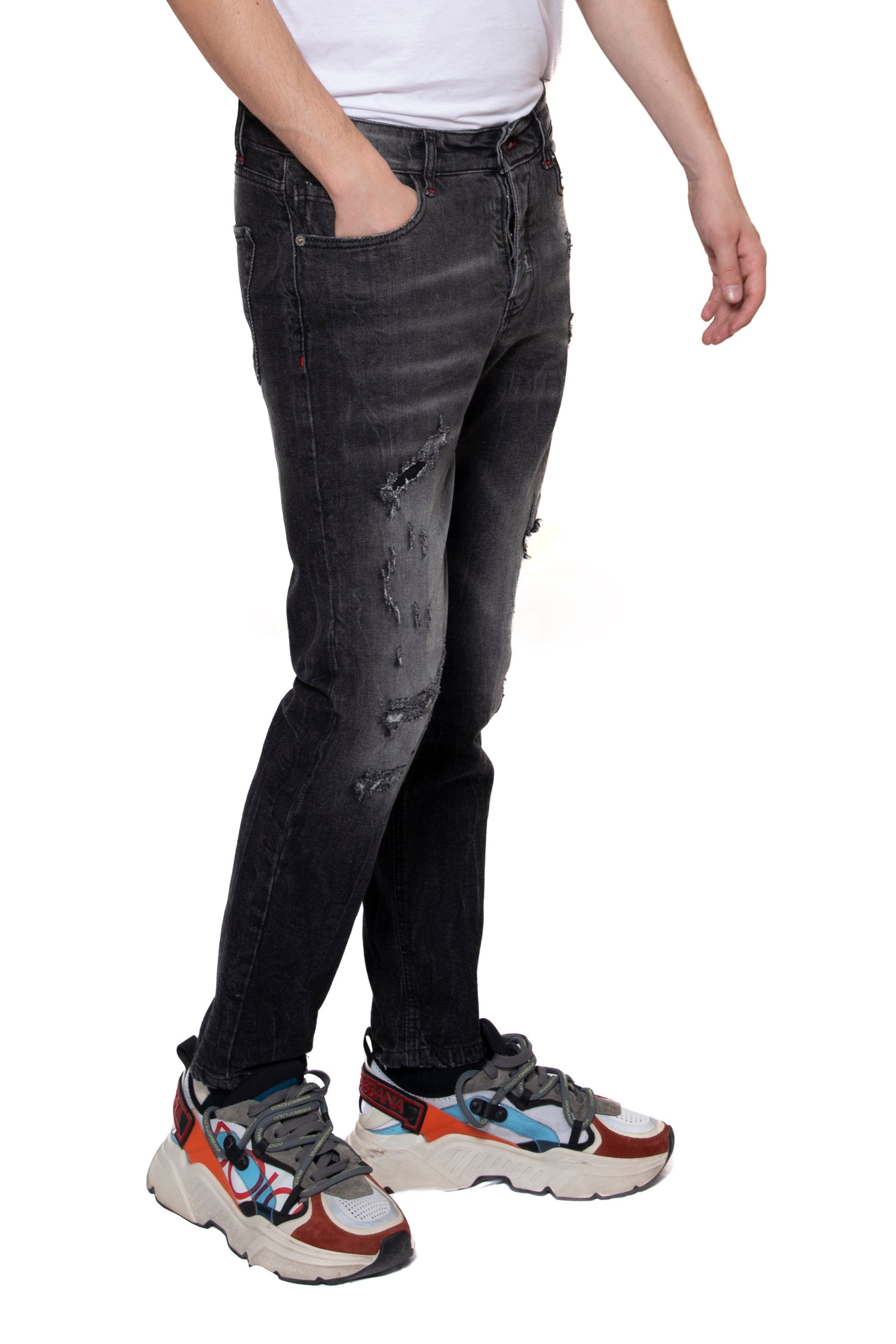 CAVALIERE JEANS NERO LAVAGGIO 5 CON TOPPA STRAPPI + ABRASIONI