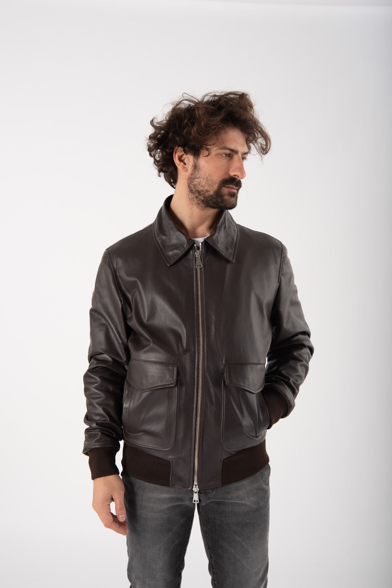 GIUBBINO IN PELLE CONCOLLO CAMICIA MARRONE