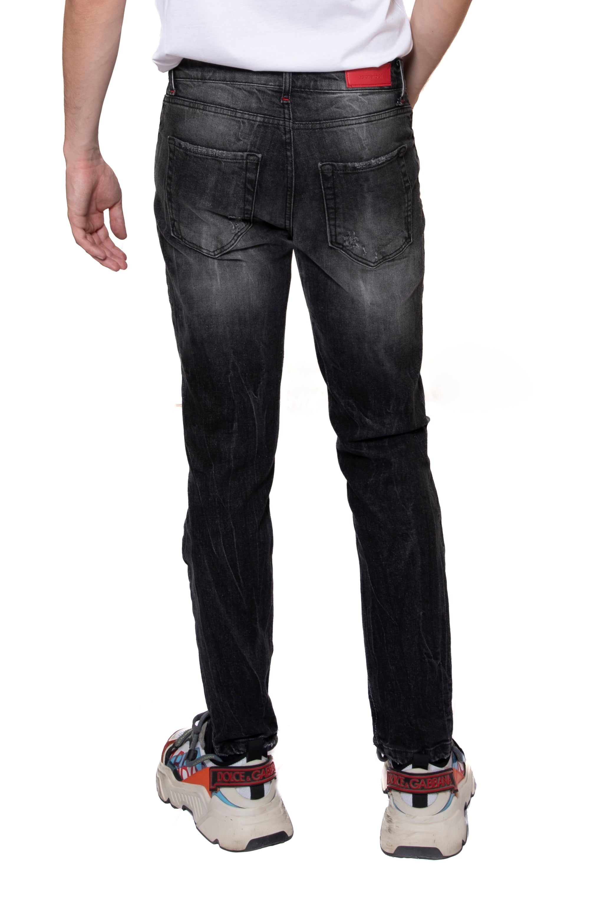 CAVALIERE JEANS NERO LAVAGGIO 5 CON TOPPA STRAPPI + ABRASIONI