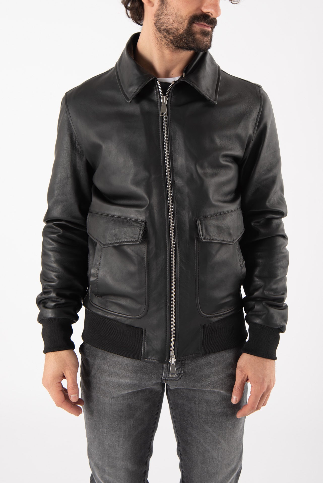 GIUBBINO IN PELLE COLLO CAMICIA NERO
