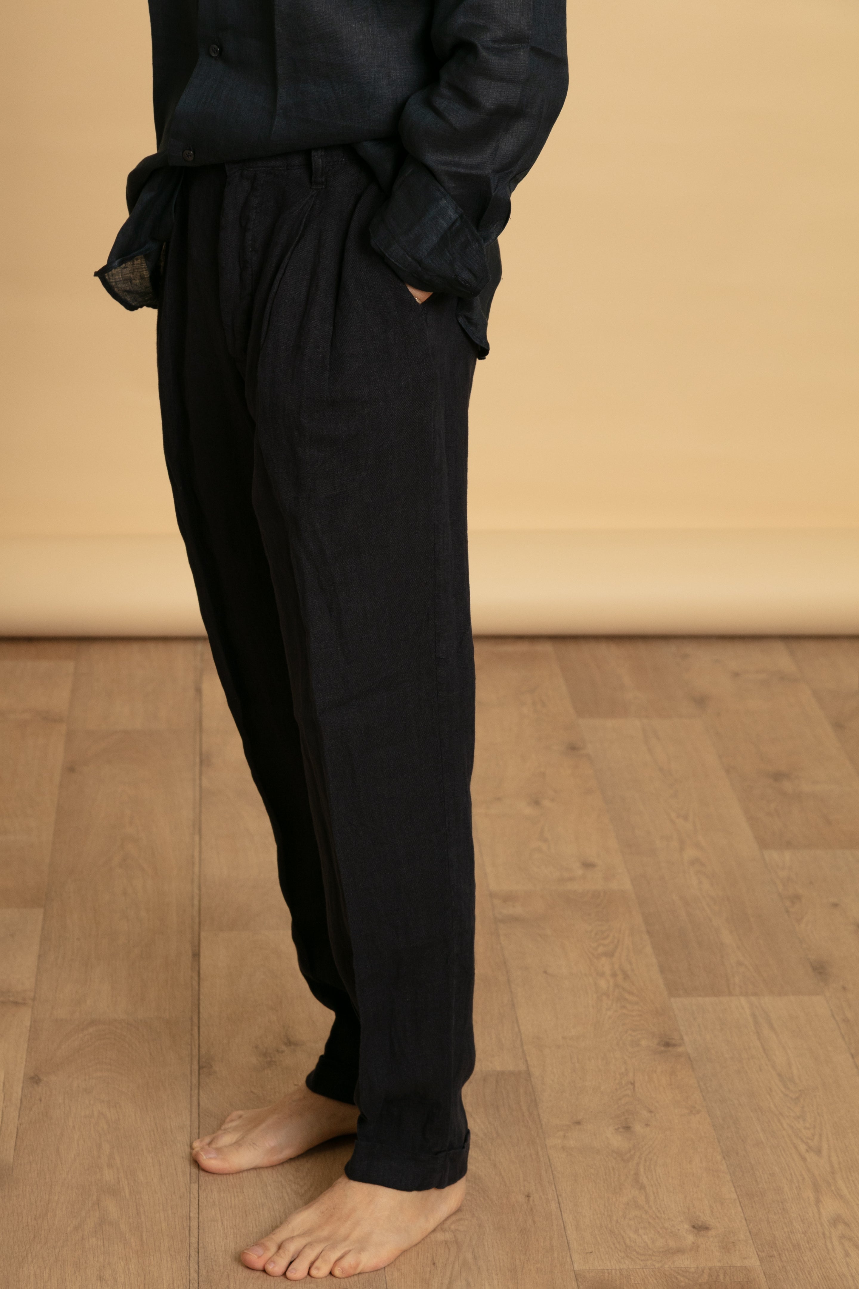 Pantalone doppia pence lino blu