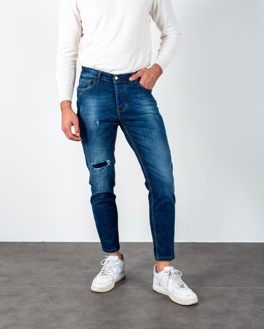 Cavaliere Jeans blu lavaggio 5 con toppa strappi + abrasioni