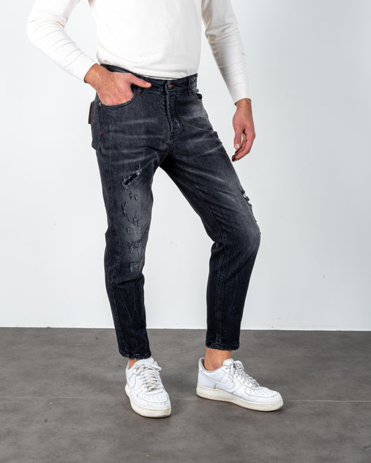 Cavaliere Jeans nero lavaggio 5 con toppa strappi + abrasioni